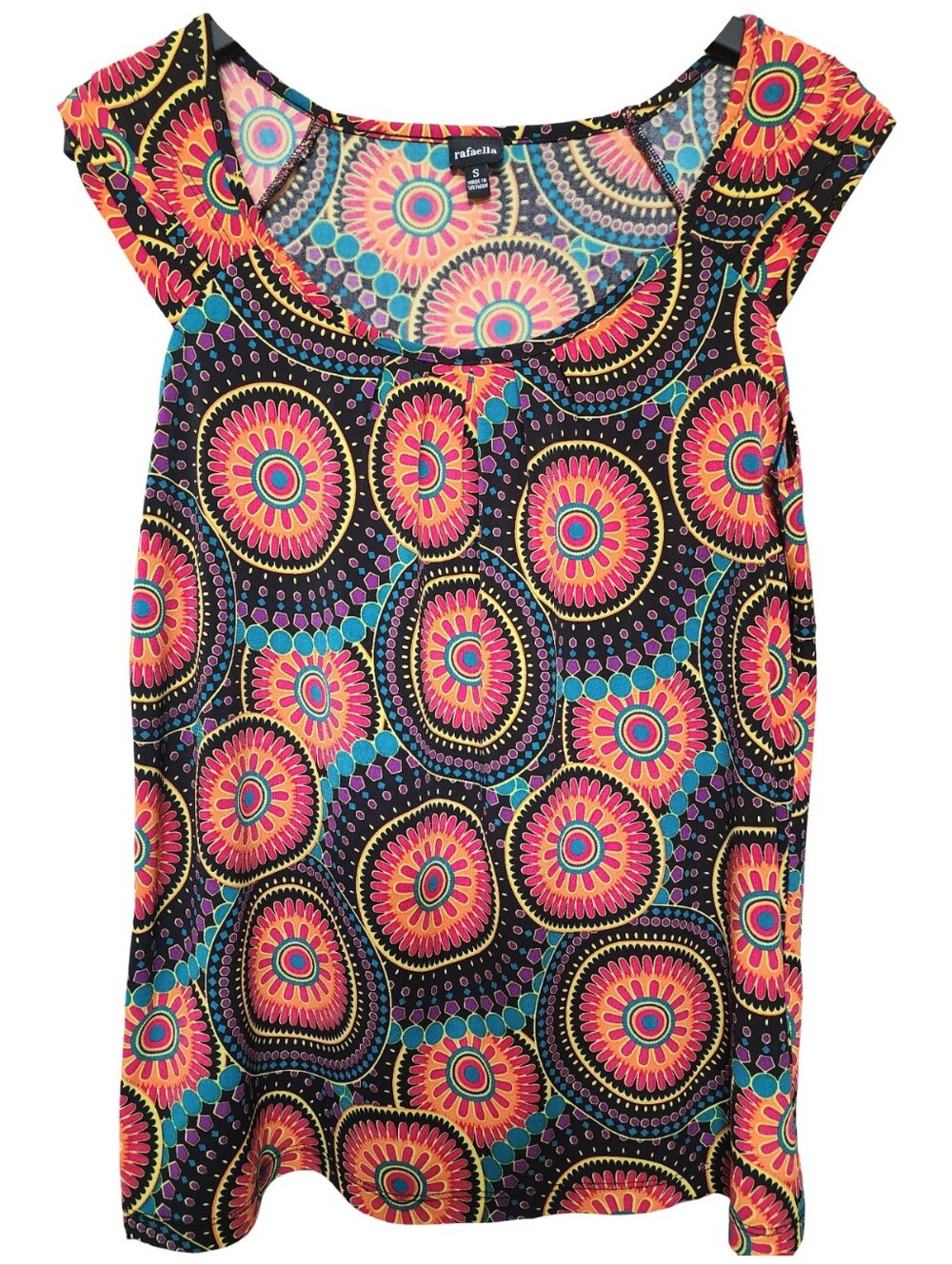 RAFAELLA Retro Kaleidoscope Mandala Circle Print Cap Sleeve Blouse Top Small
